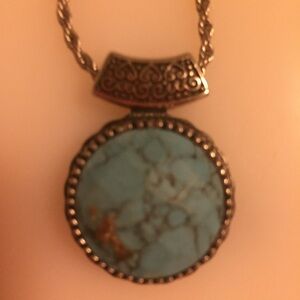 TURQUOISE NECKLACE - Silver Tone Rope Chain - Ornate Bail VTG